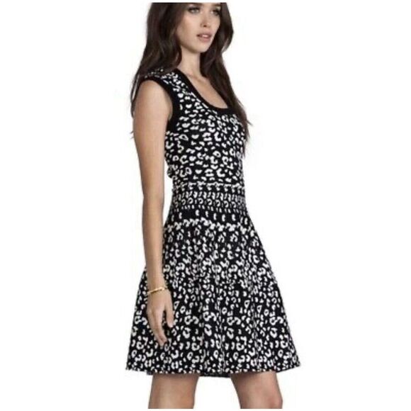 Rebecca Taylor Leopard Print Skater Knit Mini Dress - Small- Black/White - Picture 1 of 8